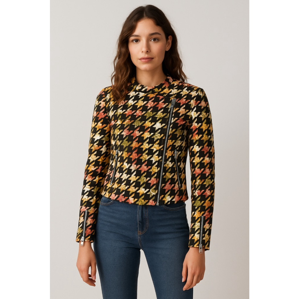 ZARA Trafaluc Floral Multicolor Houndstooth Moto Jacket Women's Small - Picture 9 of 9